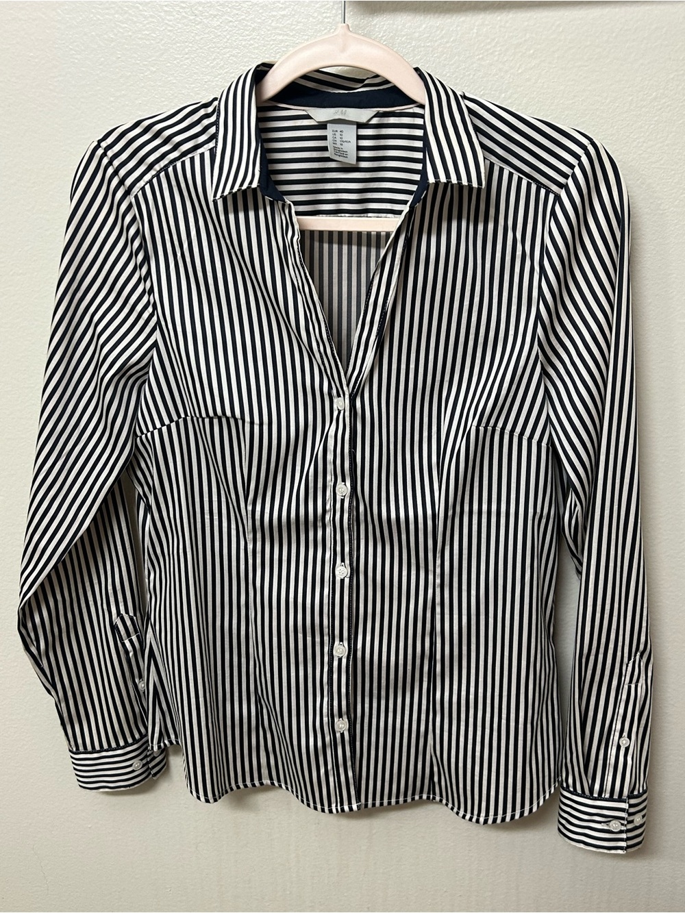 Black and White Pinstripe Collared Low Neck Button-Up Dress Shirt